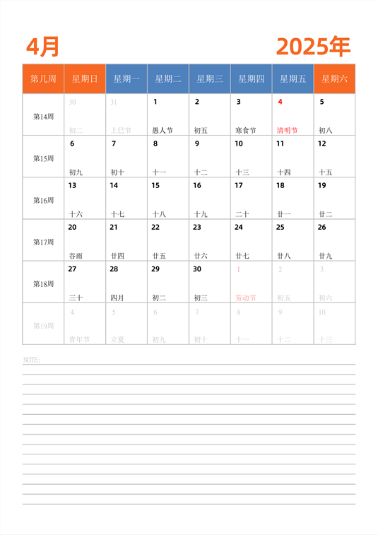 2025年日历台历 中文版 纵向排版 带周数 周日开始